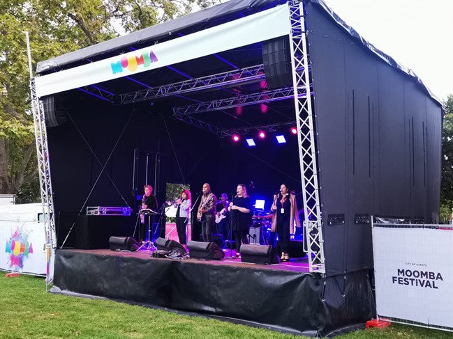 1 Day  - Smart Stage 8m Wide X 6m Deep X 6m High roof. Black roof with side and rear walls.